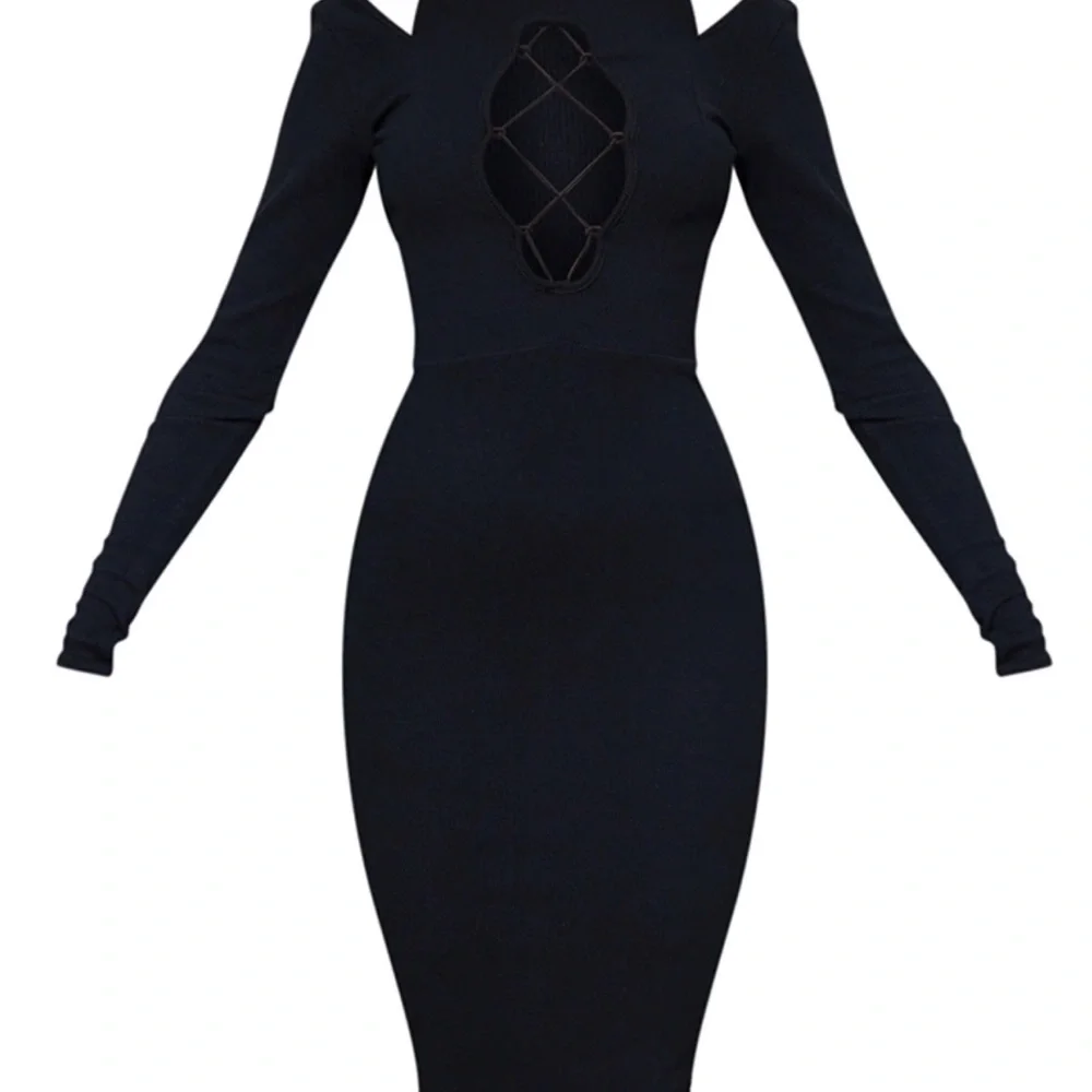 PRETTY LITTLE THING NEW WIRH TAGS Black Crinkle Rib Lace Up Detail Midi Dress - Picture 5 of 5